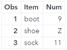Obs Item Num 1 boot 9 2 shoe Z 3 sock 11